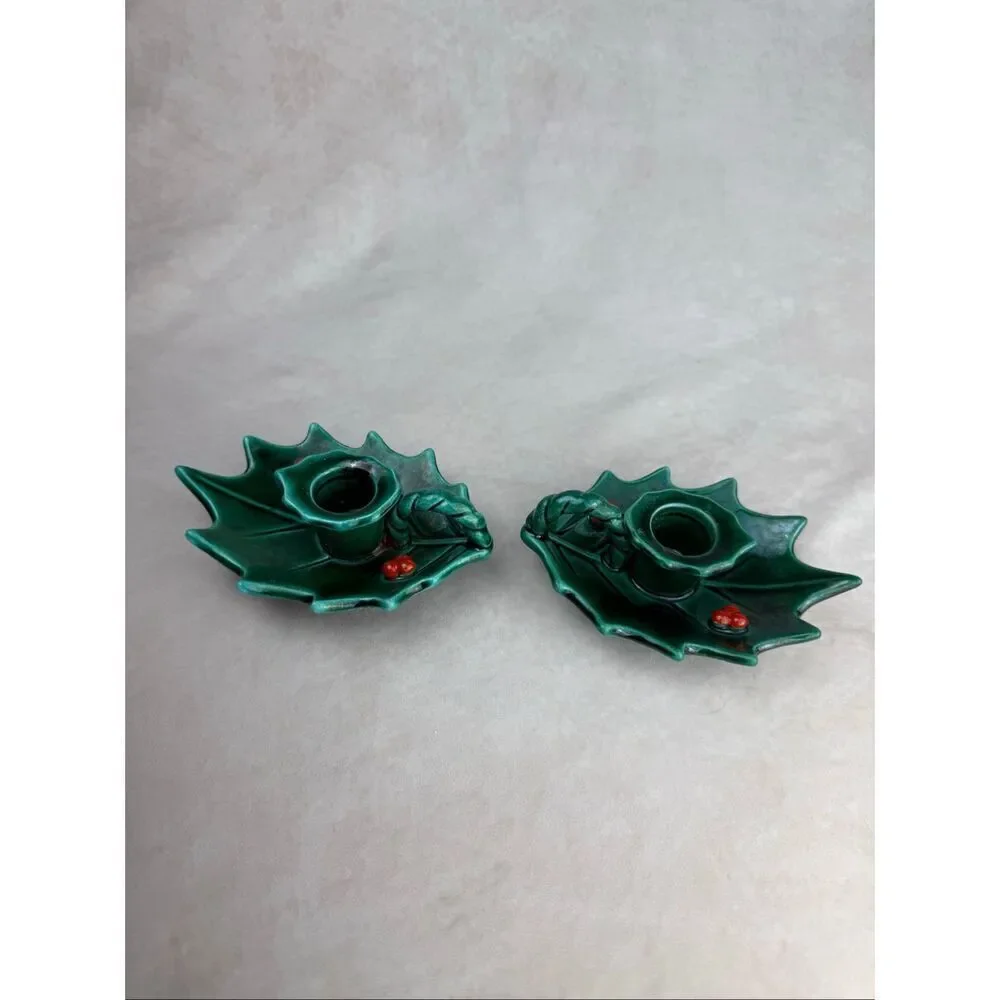 Vintage Lefton Holly Leaf Candlestick Holders READ